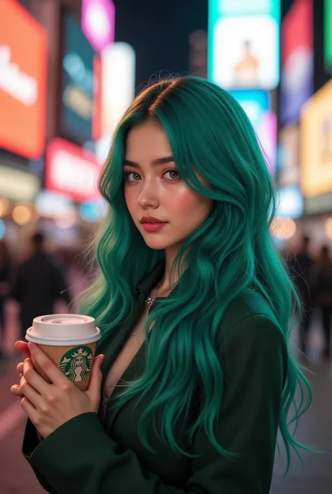 girl with long green hair, detailed eyes, nose and lips, not very pretty face, in Times Square, posing with Starbuck, HP computer (best quality, 4K, 8k, high resolution, chapter illustrations: 1.2), ultra-detailed, (realistic , photorealistic, photorealist...