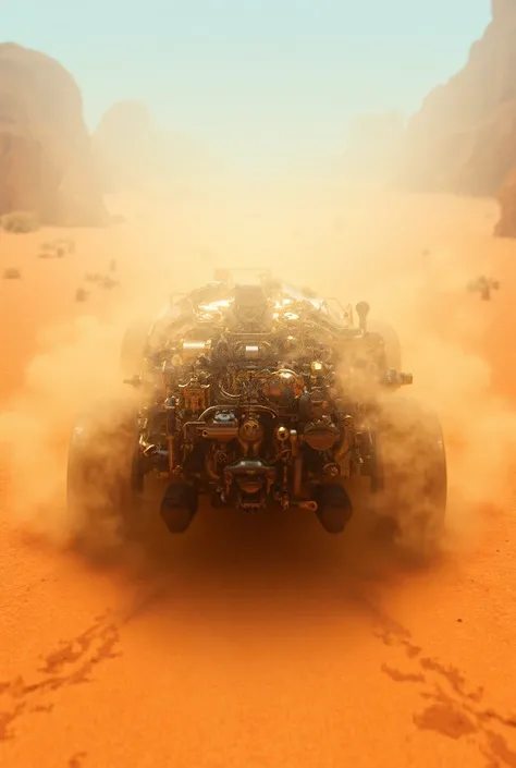 A steampunk-style car speeds down a desert road, kicking up a huge cloud of dust. The vehicle is seen from the side, surrounded by a frenzied crowd.