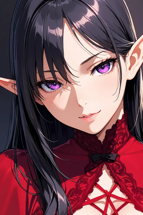 Seductive, Half elf Female, with long black hair, purple eyes, dressed in red, sharp focus, Benefit high resolution, high detailled