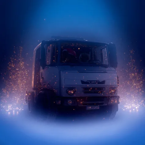 A highly detailed, dynamic, cinematic, and vibrant winter scene featuring a white Iveco Eurocargo 7.5-ton truck, beautifully decorated with Christmas lights. The truck is parked on a snow-covered path with realistic tire tracks clearly visible in the snow....