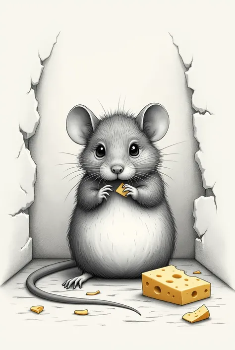  Drawing of pencil line streaks form a mouse with a big fat belly. is sitting on the floor in front of the wall 
Perforated and torn apart . the rat is again eating a piece of cheese . the paintings drawing of pencil lines . looks real and genuine .sharp i...