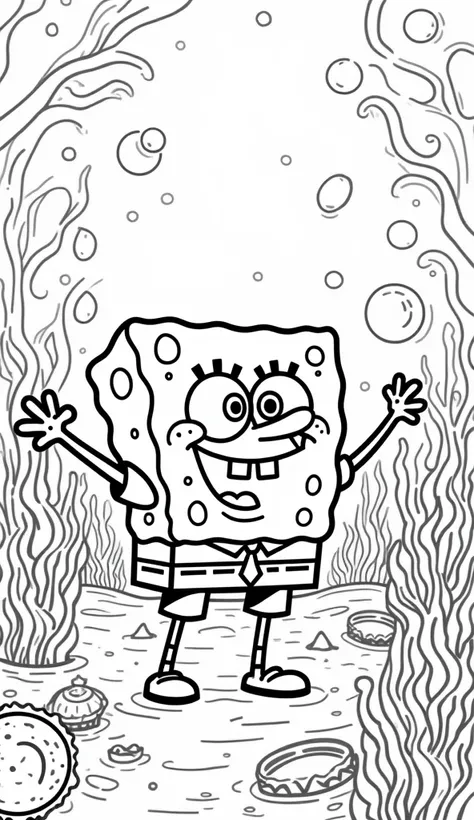 Create a black and white coloring page for preschool ren featuring a fun and lively scene inspired by the beloved cartoon character SpongeBob SquarePants.