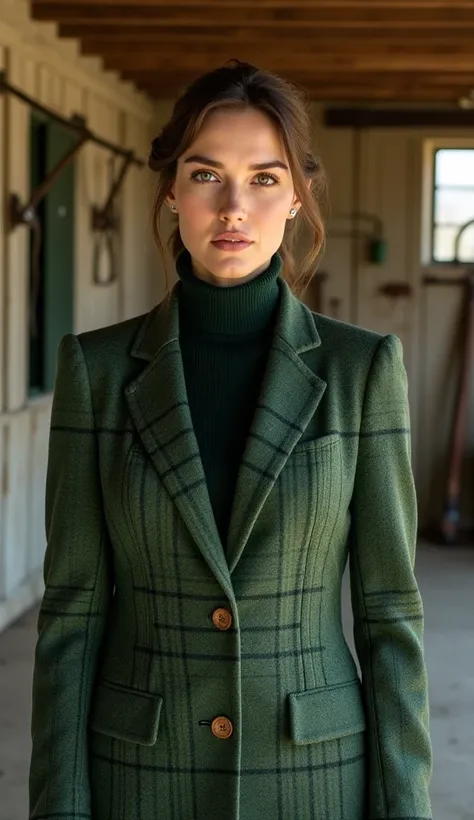 A sophisticated portrait of a woman embodying timeless countryside elegance. She wears a perfectly tailored green tweed blazer with delicate checkered patterns that accentuates her figure, adorned with classic wooden buttons. The dark green turtleneck unde...