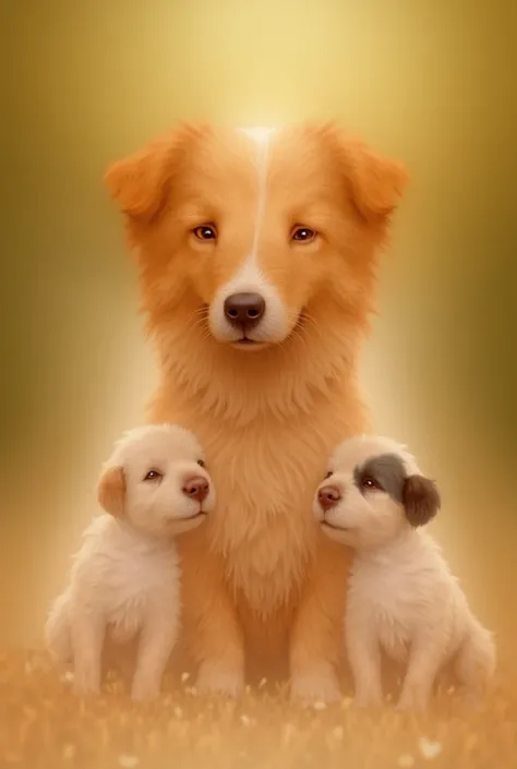 A cute dog sitting. On either side of him are his small, tiny puppies. One is white, the other is white and black. Looking forward beautifully hd realistic 