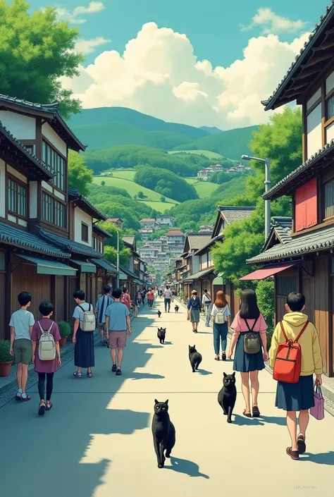  depicts a street scene with people walking down the street, ,  Japanese Street where black cats stand, Japanese Village, Japanese cities, Japanese painting style, Inspired by Kawase Hasui, Japanese countryside,  detailed landscape — width 672 , hiroya oku...