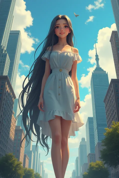  Giant girl friendly smile beautiful long hair is taller than a skyscraper girl is a teenager  Mädchen ist eine Riesin 