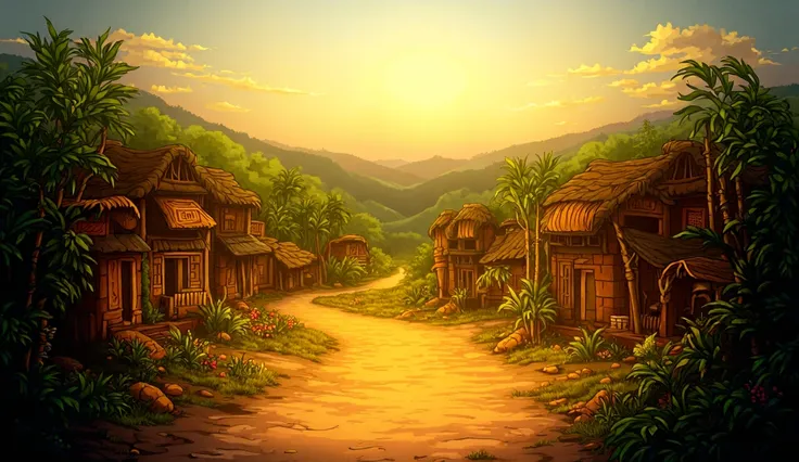 Create a cartoon evening scene of an indian village with no people