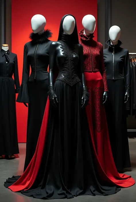 mannequins dressed in black and red in a clothing store, mannequins, on a mannequin. high resolution, steven klein, erwin olaf, on a mannequin. high quality, dark garments, mall goth, mannequin, inspired by Vanessa Beecroft, wearing modern gothic clothes, ...