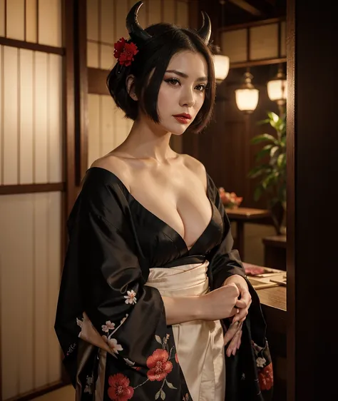 cinematic photo upper body, cleavage, portrait, pale skin, lipstick, flower, breasts, closed mouth, fflix-geisha, black eyes, short hair, black hair, 1girl, horns, red lips, makeup, kimono, japanese clothes, looking at viewer, highly detailed, dramatic lig...