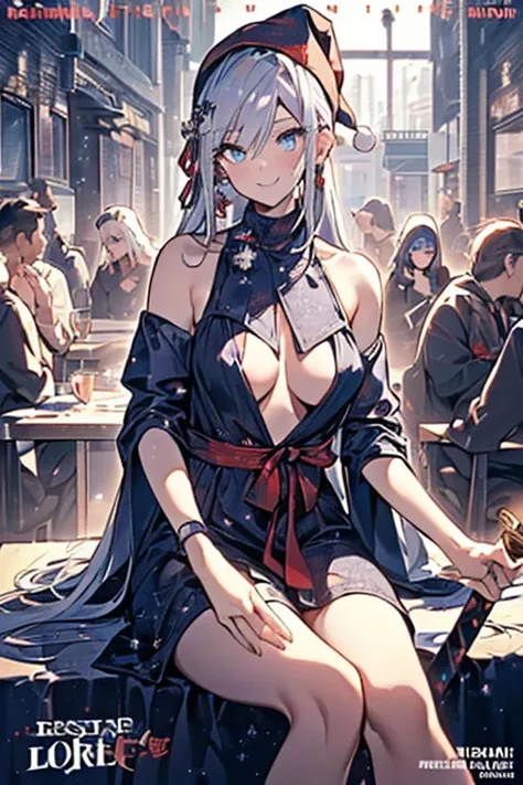 (from below:1.2),((1girl, silver hair, long hair, qutel blue eyes, beautiful eyes, pretty smile:1.5, ), ( off-shoulder dress, sweater dress,, santa hat, black tights, santa boots), (((holding ominous japanese sword:1.1 ))), ((battlescene,slashilg,killing t...