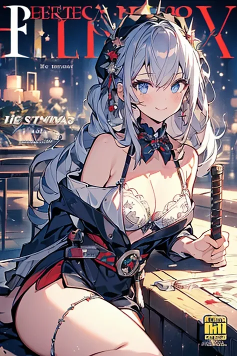 (from below:1.2),((1girl, silver hair, long hair, qutel blue eyes, beautiful eyes, pretty smile:1.5, ), ( off-shoulder dress, sweater dress,, santa hat, black tights, santa boots), (((holding ominous japanese sword:1.1 ))), ((battlescene,slashilg,killing t...