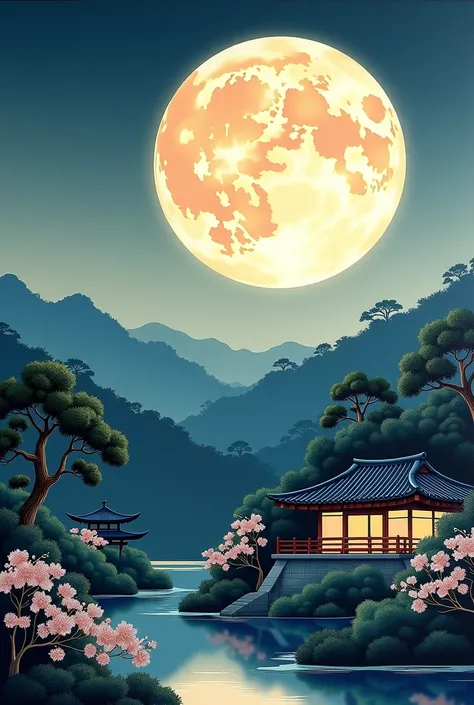 Japanese house painting under full moon, Japanese art style, Japanese art, traditional Japanese art, Japan at Night, 伝統的なJapanese painting, old Japanese art,  landscape, Background artwork, Japanese art art,  Animated Background Art ,  night view,  Zen Tem...