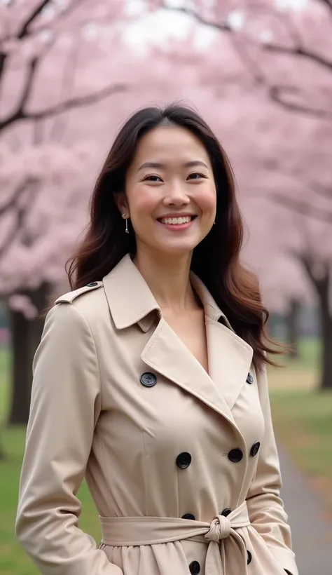 A 38-year-old woman with a warm smile, wearing a light beige trench coat, standing under cherry blossom trees.