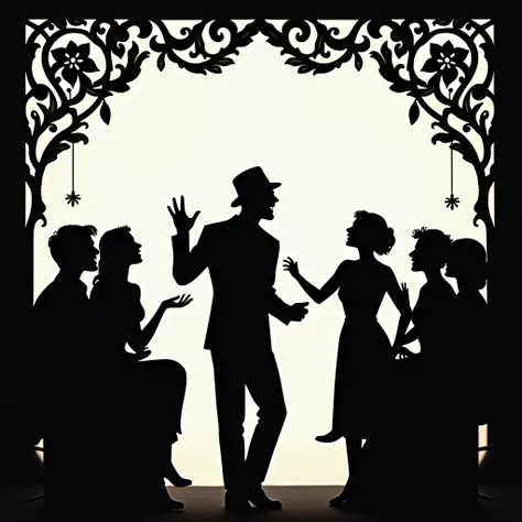 "A whimsical and romantic silhouette of a comedian entertaining a group of people. The comedian is depicted in a playful, exaggerated pose, evoking joy and laughter, with expressive body language. The group of individuals around him is engaged, their faces...