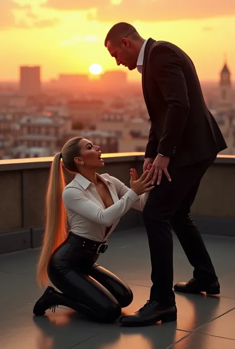  Kim Kardashian with long straight blonde hair in a pony tail in a very tight white latex shirt with collar and buttons and with large cleavage , and a wide black belt, black latex leggings , On a high wall in Paris , Summer , Sunset in front of her is a t...