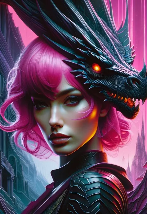 Cyberpunk l close up pink haired female with a black dragon next to her, portrait, clear sharp focus, featuring a dark and eerie atmosphere hyper realistic, 8K professional photography art, photorealistic masterpiece: by aaron horkey and jeremy mann: intri...