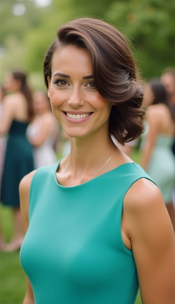 A 36-year-old woman with an elegant hairstyle, wearing a turquoise dress, standing at a garden party.