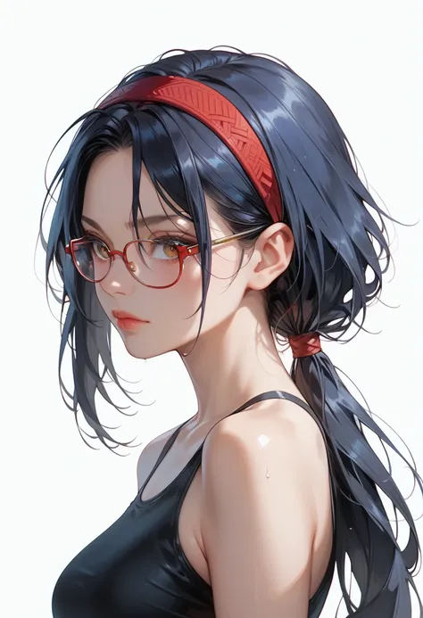 Girl with long dark blue hair, low ponytail, The girl is wearing a red headband, she wears (silver frame) boston eyewear