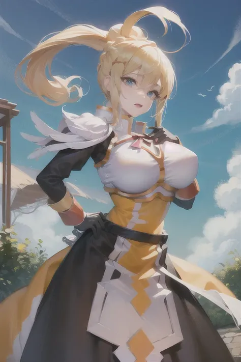 Darkness、KonoSuba、Blonde、High ponytail、gigantic breasts、aroused,see-through,best quality,