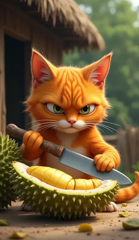 orange cat that looks like it is holding a knife and durian, looks like it wants to break the durian fruit with a rural hut in the background, realistic