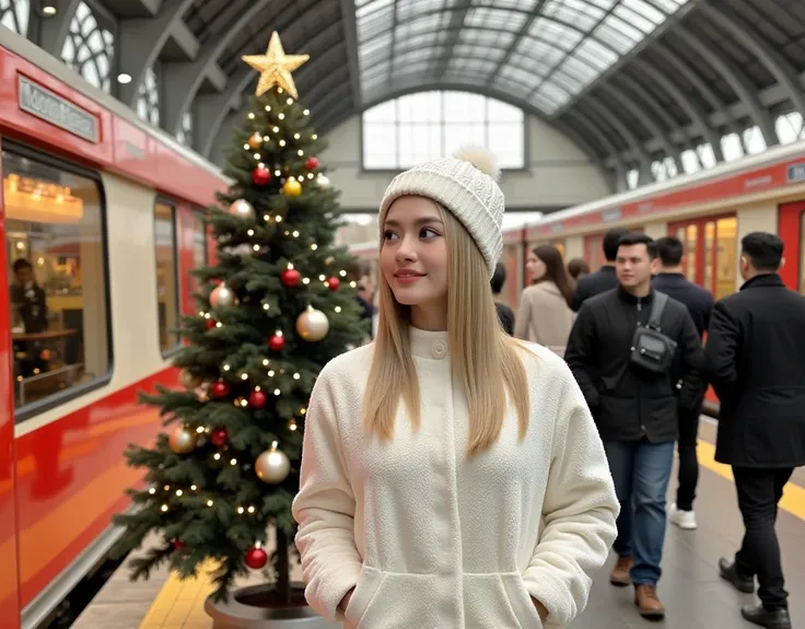 rule of third side-view photo; magazine cover photo; a professional photography of a beautiful young blond woman standing in a crowd train station; detailed beautiful face; she is an Asian woman; she smile gently looking at a train run by, she wearing an f...