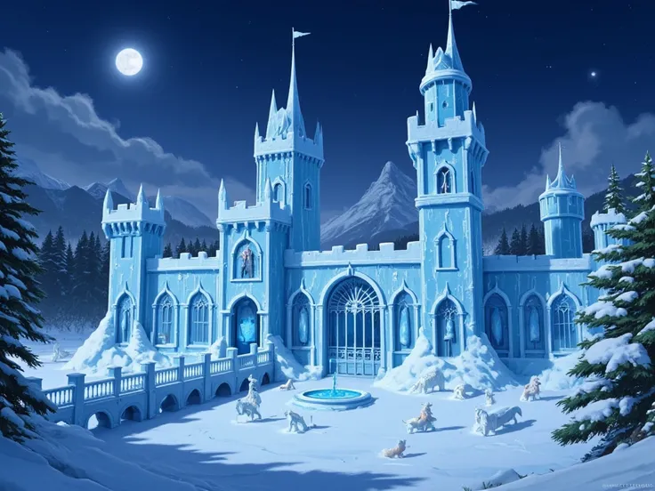 Ice Castle
Main Features:
Towers:
Tall, slender towers of clear ice with sharp spires.
Some towers have ice flags.
Walls:
Thick, jagged ice walls, bluish in color and transparent.
Gates:
Massive ice gates with carved patterns and ice statues on the sides.
...