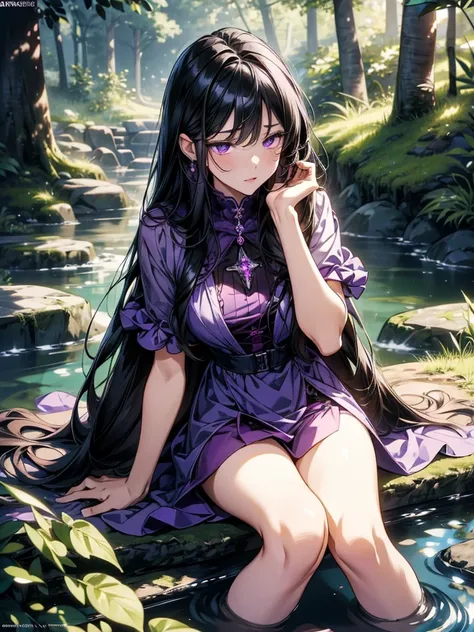 masterpiece, Best Quality , high-resolution ,Perfect light and shadow,8k wallpaper,illustration, ray tracing, a lovely girl ,black hair,Long straight hair, Purple Eyes,Full body portrait, Magical Girl,mini dress, bikini,Purple Gemstone,forest,stream,Sexy,S...