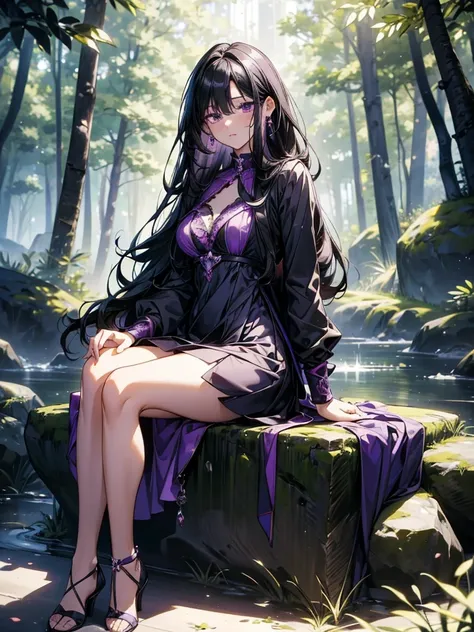 masterpiece, Best Quality , high-resolution ,Perfect light and shadow,8k wallpaper,illustration, ray tracing, a lovely girl ,black hair,Long straight hair, Purple Eyes,Full body portrait, Magical Girl,mini dress, bikini,Purple Gemstone,forest,stream,Sexy,S...