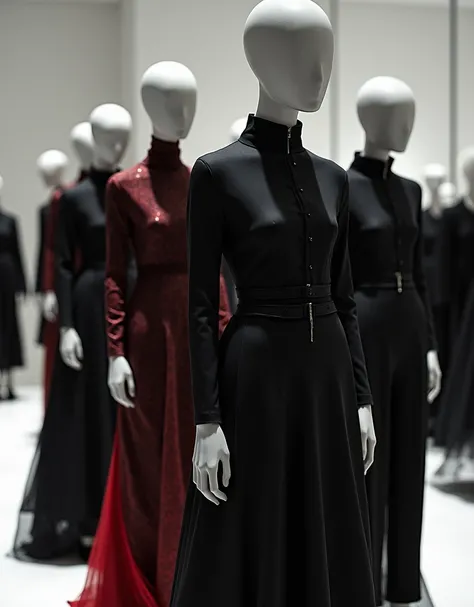 mannequins dressed in black and red in a clothing store, mannequins, on a mannequin. high resolution, steven klein, erwin olaf, on a mannequin. high quality, dark garments, mall goth, mannequin, inspired by Vanessa Beecroft, wearing modern clothes, creepy ...