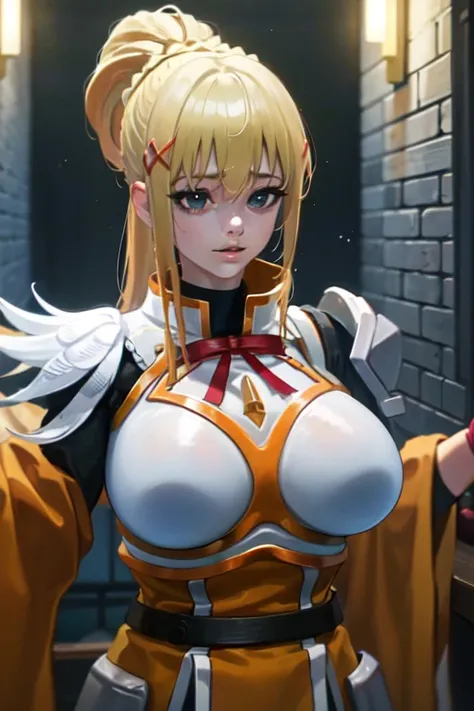 Darkness、KonoSuba、Blonde、High ponytail、gigantic breasts、aroused,see-through,best quality,