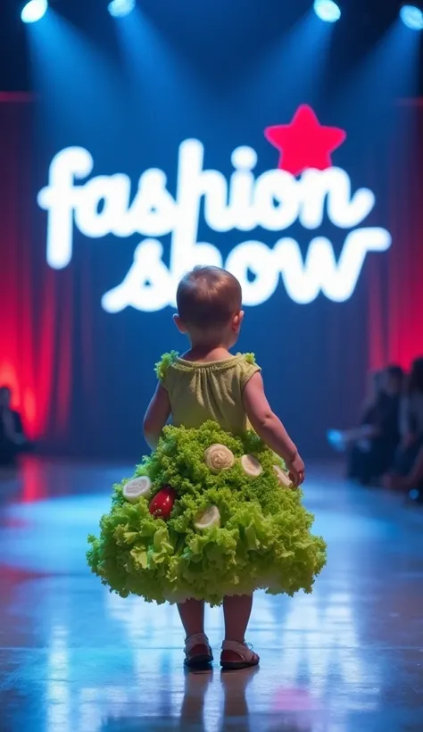  The image shows a baby standing in the center of a bright stage.    The floor reflects the surrounding lights and the show logo    "fashion show",    that is projected in the background in white letters with a red star in the middle  .  The baby wears a b...