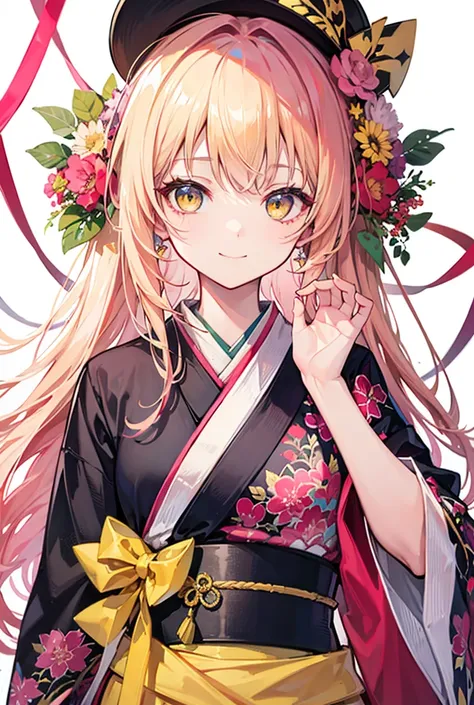 Blonde,Yellow Eyes, cute,New Year,Brown kimono ,1 semi-long girl,  smiles, ribbon,  simple background,  has 薄いpink hair tips, long hair,  high res,  anatomically correct, masterpiece,  wins numerous awards, 最high quality,  high detail,  High Definition Mod...