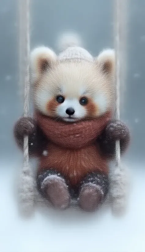  An ultra-realistic tiny dwarf panda, with intricately detailed wool, swinging gently on a white swing that matches its coat. Wearing a cozy scarf and knitted hat, its paws gripping the swing ropes as snow falls gently around.