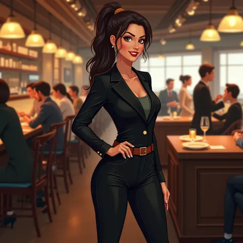 pretty 25 year old woman, high ponytail, she is wearing tight black jeans with brown crocodile belt and a black blazer with black small heels, she is serving customers in a restaurant