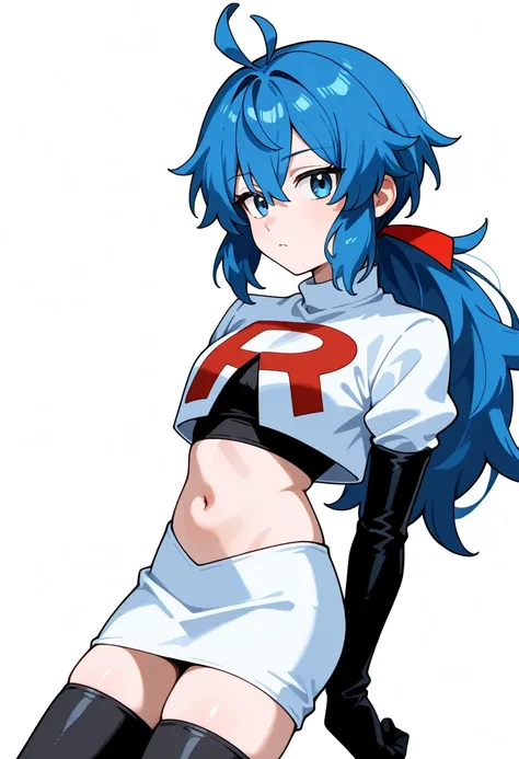 masterpiece, best quality, white background, looking the viewer, 
 1girl, blue hair, blue eyes, hair ribbon, ahoge, long hair, ponytail,  hair between eyes, red ribbon, navel, team rocket,team rocket uniform,white skirt,red letter R,crop top,black thigh-hi...