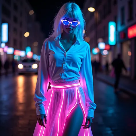 Full body shot,beautiful woman wearing neon light skirt, shirt and sunglasses、 street of Darkness 、Neon Cyberpunk at night 、 coordinator Neon Glow ,White Hair, 8K Octane, Baroque, Blue eyes, Motion Lines, full body, 
F/16,Reflection Light, 