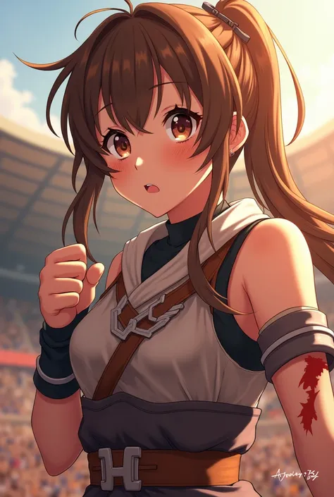  top quality ,  soft light during the cruise,  super high res,  cute, Beautiful face in every detail , High Resolution Details of Human Skin Textures, Shiny Skin,sweat,Heat, white breath ,Take a deep breath,Hibiki Tachibana,Brown Hair,, battle costume,Outd...