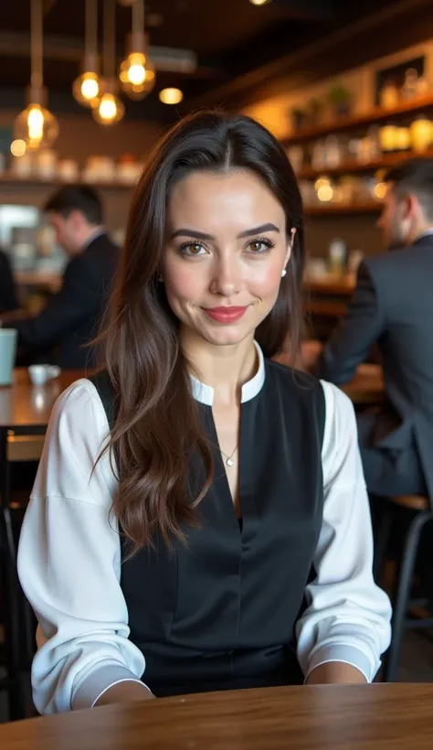 A 38-year-old woman with a stylish appearance, dressed in a black and white outfit, sitting in a cozy coffee shop.