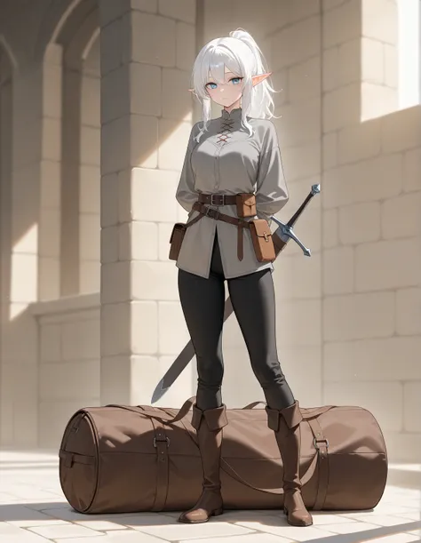  masterpiece fails, top quality  , newest ,  safe,  Beautiful woman,  white hair,  blue eyes ,  Elf,  white hair с хвостиком, , medieval grey shirt,  shirt , hair collected , ponytail,  cunning look ,  full length , sword belt, belt pouch , medium length h...