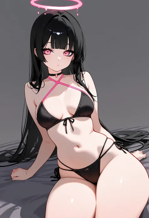 Japanese, 1Female, pink neon halo, long hair, straight hair, straight bangs, black hair, pink eyes, black eyeliner, thick thighs, medium breasts, sketch