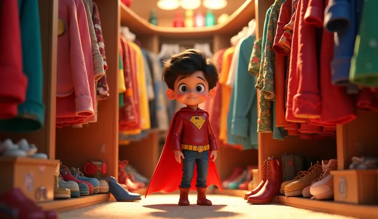 The style is 3D pixar animation with a vibrant color palette, in 3 D animation image of The appearance of a rens wardrobe containing various kinds of superhero clothes.