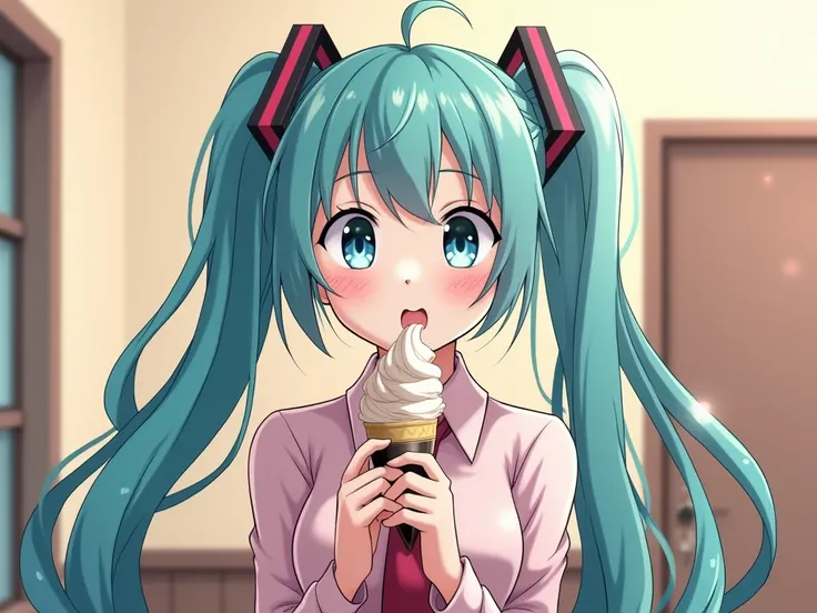 I want Miku in the picture 4 with more breasts and a bigger ass and in 4 with the camera pointed at her ass while she sucks ice cream