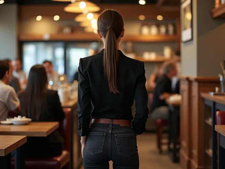 petite pretty 25 year old woman, ponytail, she is wearing tight black jeans with brown crocodile belt and a black blazer with black small heels, she is serving customers in a restaurant, From Behind, she is on her knees