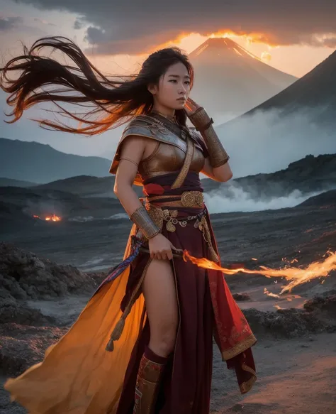 Blowing Volcano 　 Female Warrior Standing　evening　Cloud flow