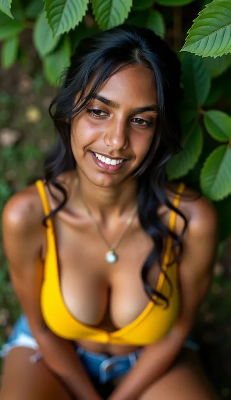 day scene, extreme close up photo of seductive indian model from top view wearing semi yellow top with big breast, big cheeks, red Hollywood lips, squatting near shrub in a garden, hourglass figure, armpitlue eyes:1), ponytail, necklace, 30 yo, look at vie...