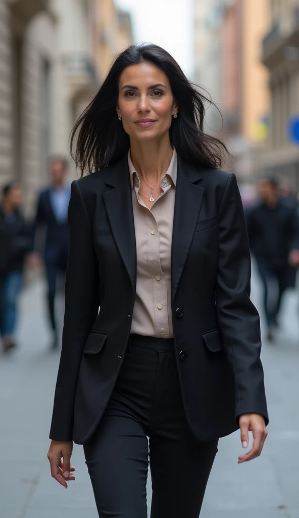 A woman in her 37s with medium-length black hair, dressed in a smart business jacket, walking through a city street.