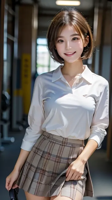 ( High Quality ),( high image quality),( full shot), one young woman,. female college students, cute , short hair, voluminous bust, wearing a school uniform , white blouse, plaid skirt , crunchy,In the gym storeroom