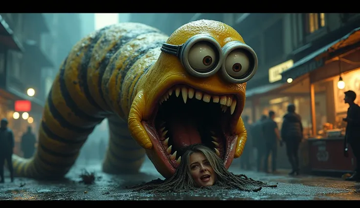 A gaint Earthworm having head of character yellow minion having two eye opening big creepy mouth having teeth eating a people in his mouth creepy on market at night street