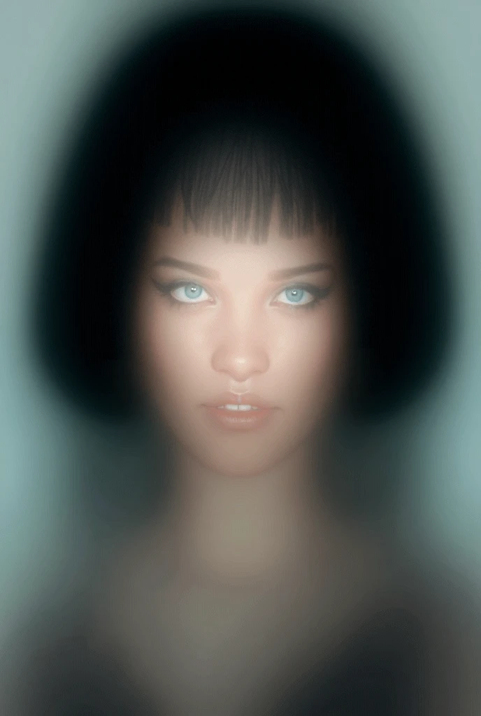 Create an image a woman with Monroe bob hairstyle but her hair is Black and also wear glam classic romantic goth makeup and have a light blue eyes 