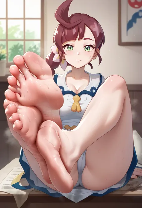 1girl, Chloe cerise (Pokemon) ,, soles, [dirty feet:0.6], feet, barefoot, (absurdres, masterpiece, best quality, very aesthetic), perfect toes, cleavage, 2soles, steamy feet, (((smelly feet, sweaty feet)))